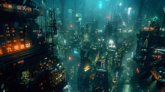 Photo a cyberpunk rendition of an underwater metropolis