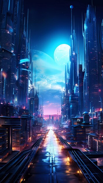 Cyberpunk retro futuristic city with neon lights