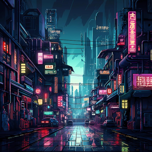 Cyberpunk retro futuristic city with neon lights