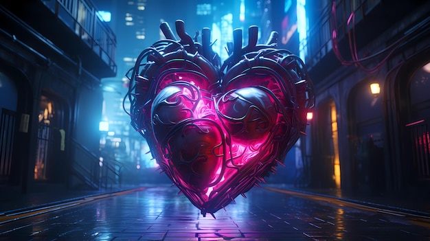 Cyberpunk retro futuristic heart with neon lights