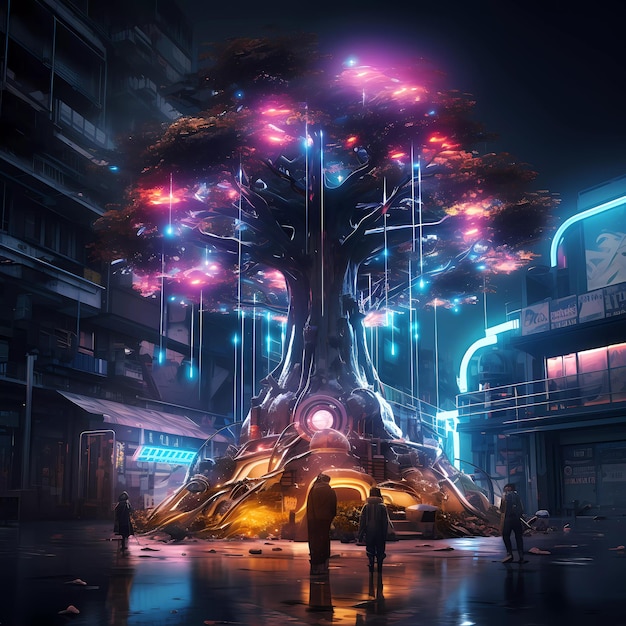 Cyberpunk retro futuristic tree with neon lights