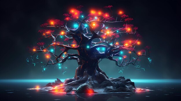 Cyberpunk retro futuristic tree with neon lights