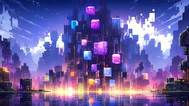 Cyberpunk retro-futuristische abstracte illustratiestad met neon