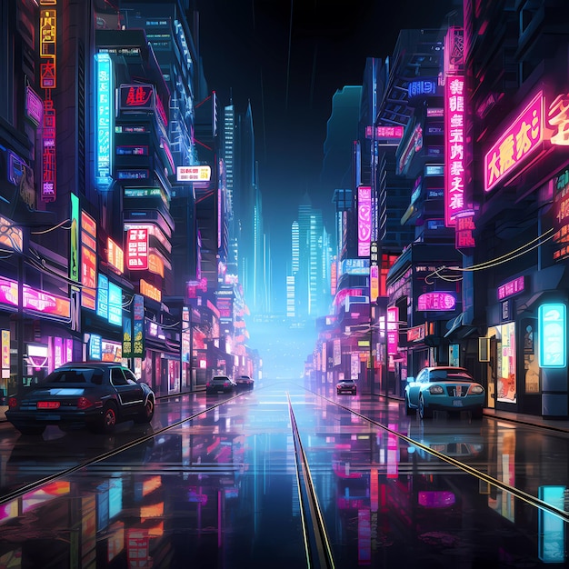 Cyberpunk retro-futuristische stad met neonlichten