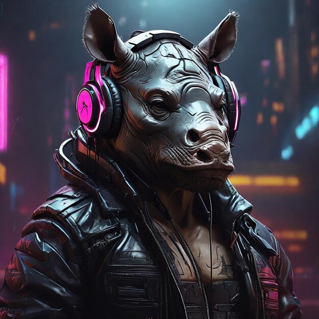 Cyberpunk Rhino в коже и наушниках от Алекса Петрука APe AI GENERATED