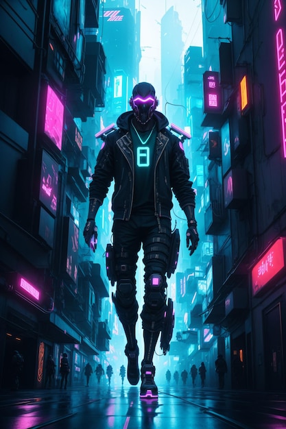 Cyberpunk robot in city