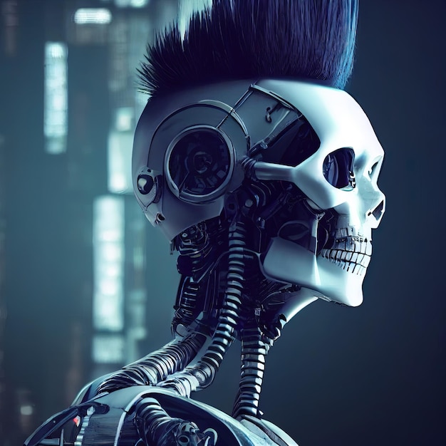 Cyberpunk robot criminal hacker digital illustration of science\
fiction skull faced cyborg with mohawk hair