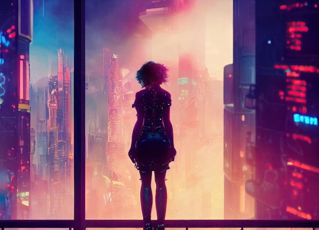 Cyberpunk robot girl in a dress Neon and ultraviolet night city background