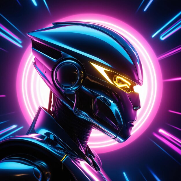 Cyberpunk Robot Head in Neon Glow Futuristic Metallic Design with ...