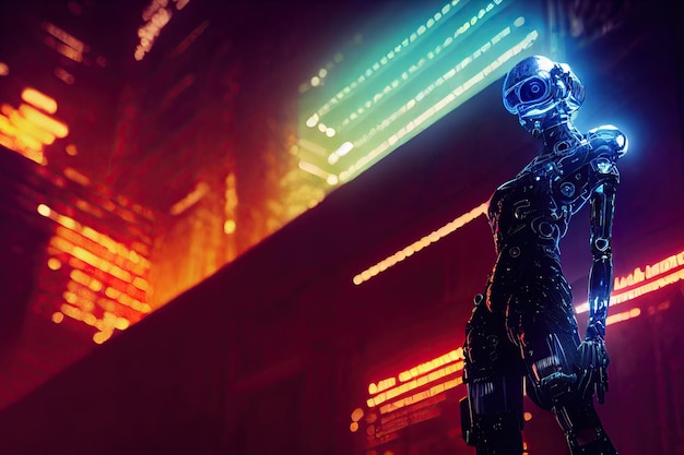 Cyberpunk robot with glowing eye in night metropolis Neon and ultraviolet background