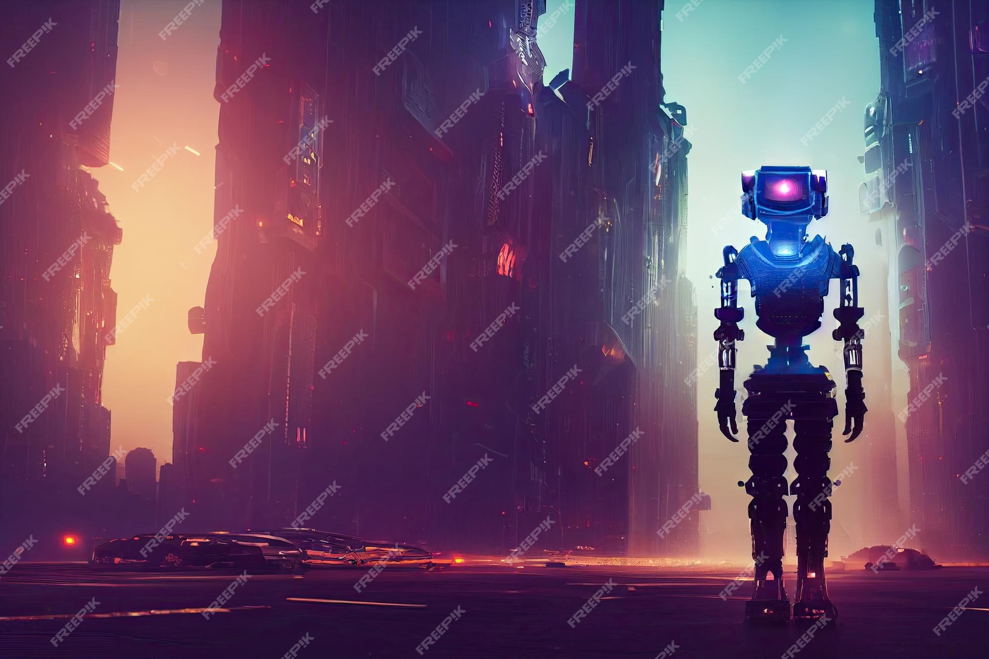 Lonely Cyberpunk Purple Robot 4k