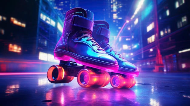 Cyberpunk rolschaatsdisco nostalgie en futuristisch stadssportconcept