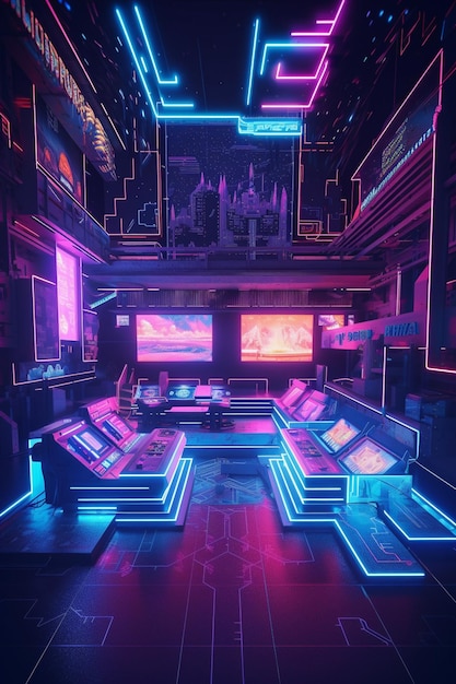 A cyberpunk room with neon lights and a sign that says cyberpunk.