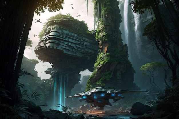Cyberpunk scifi jungle with green trees waterfall and futuristic plane Generative ai illustration