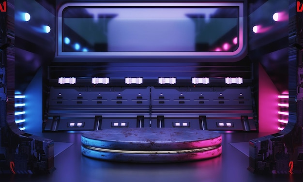Cyberpunk scifi product podium showcase in lege ruimteschip kamer met blauwe en roze achtergrond Kosmos ruimtetechnologie en entertainment object concept 3D illustratie weergave