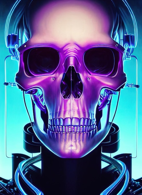 Scheletro del cranio cyberpunk un ritratto spaventoso di fantasia di un cranio su un'illustrazione 3d di sfondo al neon incandescente