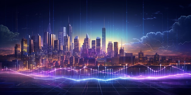 Cyberpunk skyline van de stad met grafieken en diagrammen Groeiende economie concept