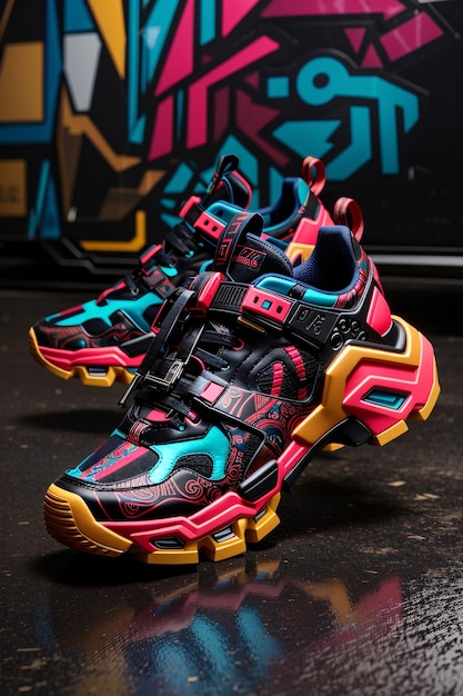 Colorful cyberpunk sneakers with a screen on Craiyon