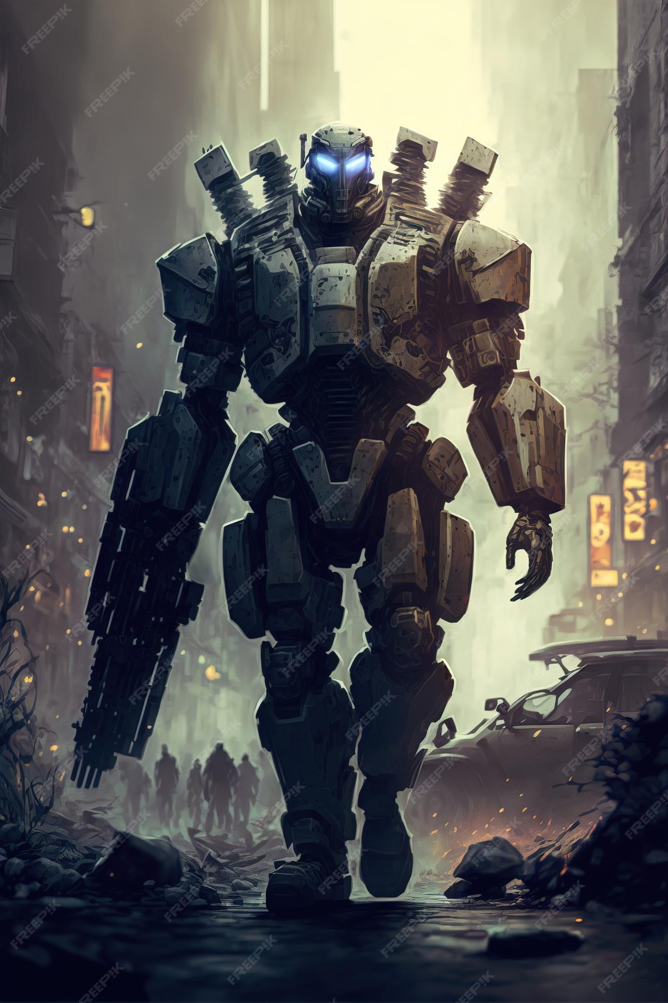 spændende hovedvej Generel Premium Photo | Cyberpunk soldier city warfare digital illustration of science  fiction military robot warrior patrolling war torn dystopian streets