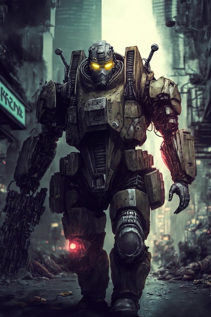 Cyberpunk soldier city warfare digital illustration of science fiction military robot warrior patrolling war torn dystopian streets