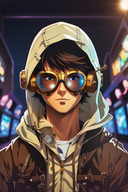 Cyberpunk Spectacle CloseUp Portrait of Anime Teenager Boy with Glasses AI Generative