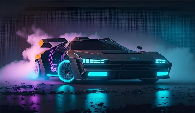 Cyberpunk sportwagen in de retro wave stijl van de jaren '80 verlicht met neon illustratie