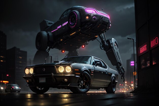 Cyberpunk stad auto behang achtergrond oude auto sedan supercar illustratie promotie poster