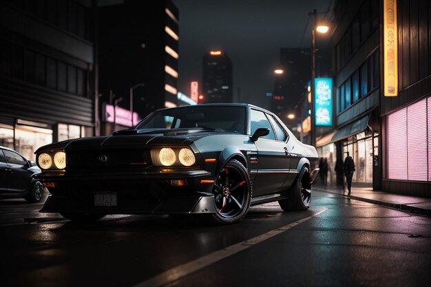 Foto cyberpunk stad auto behang achtergrond oude auto sedan supercar illustratie promotie poster