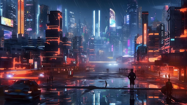 Cyberpunk stadsruimte's nachts