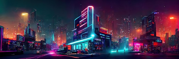 Cyberpunk stadsstraat, nachtzicht, futuristische stad, neonlichten. Nacht straatbeeld, retro toekomst.