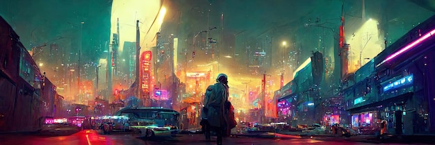 Cyberpunk stadsstraat, nachtzicht, futuristische stad, neonlichten. Nacht straatbeeld, retro toekomst.