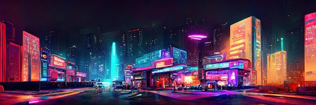 Cyberpunk stadsstraat, nachtzicht, futuristische stad, neonlichten. Nacht straatbeeld, retro toekomst.