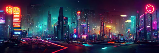 Cyberpunk stadsstraat, nachtzicht, futuristische stad, neonlichten. Nacht straatbeeld, retro toekomst.