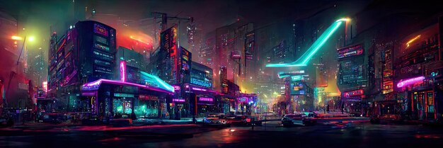 Cyberpunk stadsstraat, nachtzicht, futuristische stad, neonlichten. Nacht straatbeeld, retro toekomst.