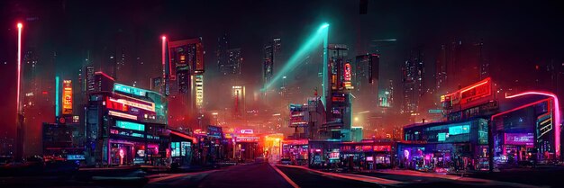 Cyberpunk stadsstraat, nachtzicht, futuristische stad, neonlichten. Nacht straatbeeld, retro toekomst.