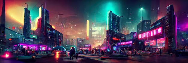 Cyberpunk stadsstraat, nachtzicht, futuristische stad, neonlichten. Nacht straatbeeld, retro toekomst.