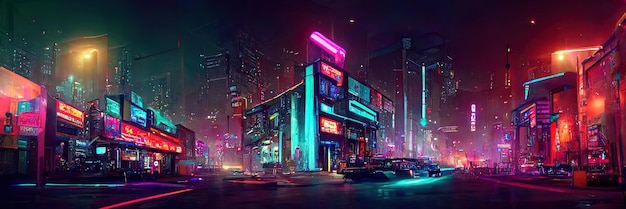 Cyberpunk stadsstraat, nachtzicht, futuristische stad, neonlichten. Nacht straatbeeld, retro toekomst.