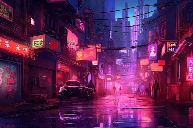 Cyberpunk street 2D mobile game background Cyberpunk city environment neon city background Generated by AI