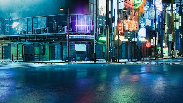 Photo cyberpunk street with copyspace for add character 3d render