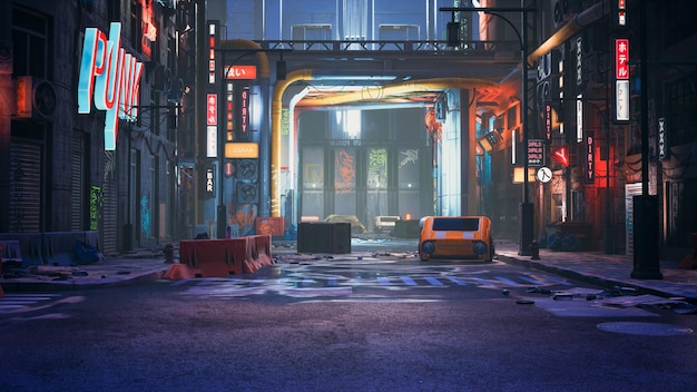 Photo cyberpunk street with copyspace for add character 3d render