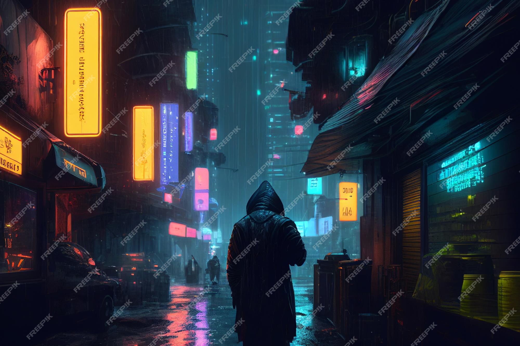 Cyberpunk streets illustration, futuristic city, dystoptic artwork at  night, 4k wallpaper. Rain foggy, moody empty future Stock Illustration