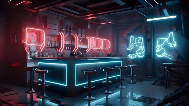 Foto bar in stile cyberpunk concetto interno scuro con luci al neon rete neurale generata nel maggio 2023 non basata su scene o schemi di persone reali