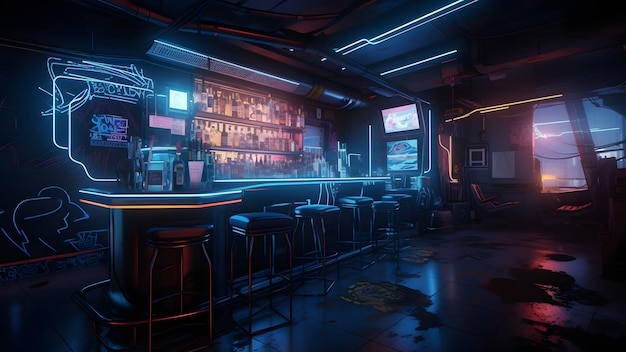 Cyberpunk style bar dark interior concept with neon lights Neural network generated in May 2023 Not based on any actual person scene or pattern