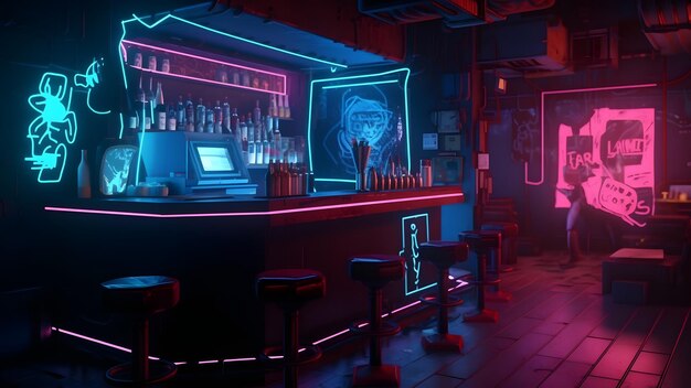 Cyberpunk style bar dark interior concept with neon lights Neural network generated in May 2023 Not based on any actual person scene or pattern