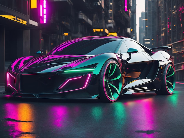 Cyberpunk style black car on street of city of future futurism neon light