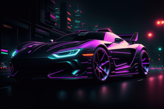 Cyberpunk style black car on street of city of future futurism neon light