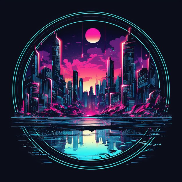 Photo cyberpunk style city in round frame neon