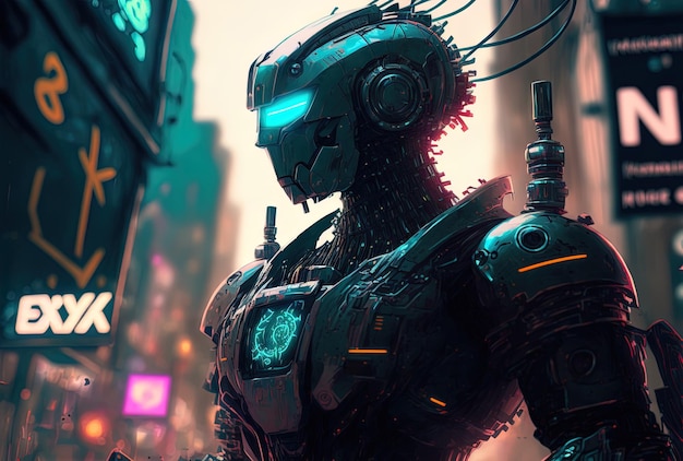 Cyberpunk style digital robot ai artwork in a virtual reality game called the Metaverse