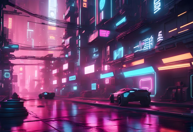 Cyberpunk style futuristic city street 3d illustration