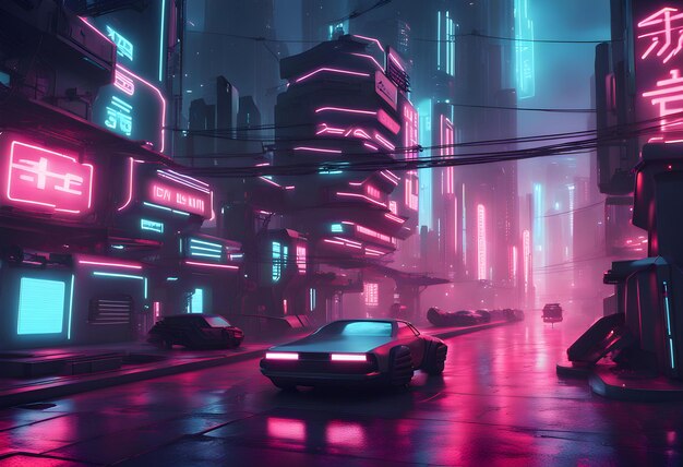 Cyberpunk style futuristic city street 3d illustration